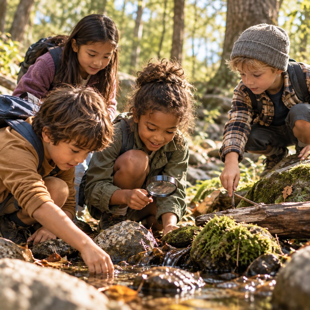 Four children exploring a forest stream with a magnifying glass