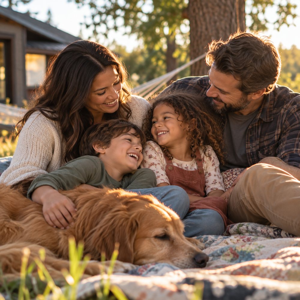 A family laughing together on a blanket outdoors, with their golden retriever resting beside them
