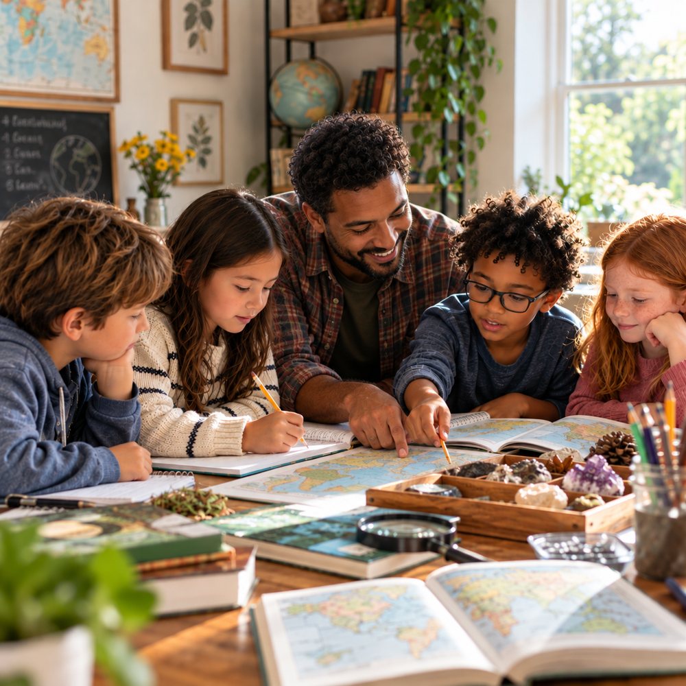 An educator and four children gathered around maps and books at a table